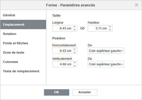 Paramètres de la forme - Onglet Emplacement