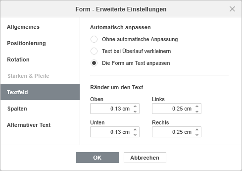 Formeigenschaften - Registerkarte Ränder