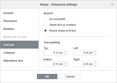 Shape Properties - Text Padding tab
