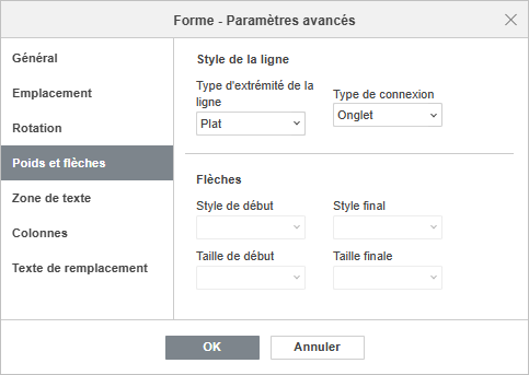 Paramètres de la forme - Onglet Poids et flèches