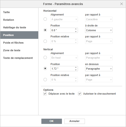 Forme - Paramètres avancés