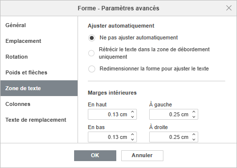Paramètres de la forme - Onglet Zone de texte