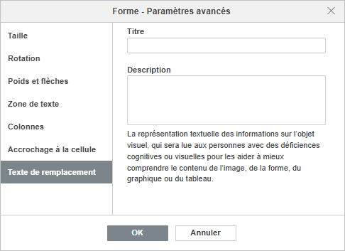 Forme - Paramètres avancés L'onglet Texte de remplacement