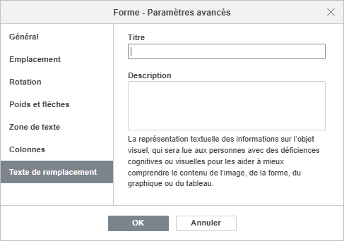 Paramètres de la forme - Onglet Texte de remplacement