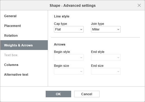 Shape Properties - Weights & Arrows tab