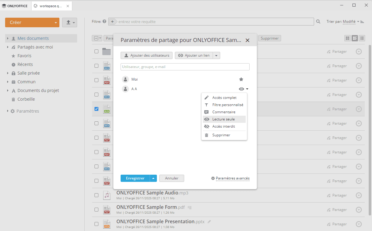 Paramètres de partage