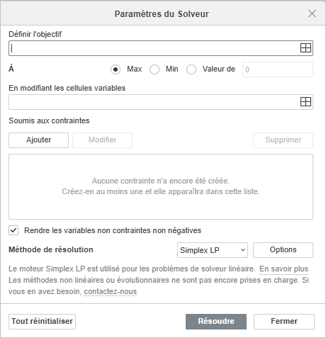 Fenêtre Paramètres du Solveur