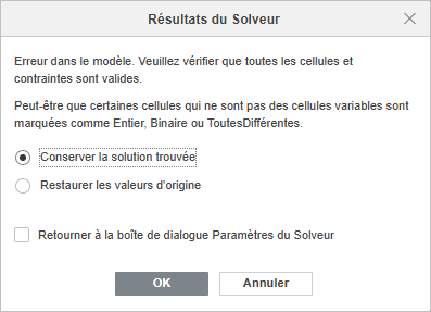 Fenêtre des résultats du Solveur 