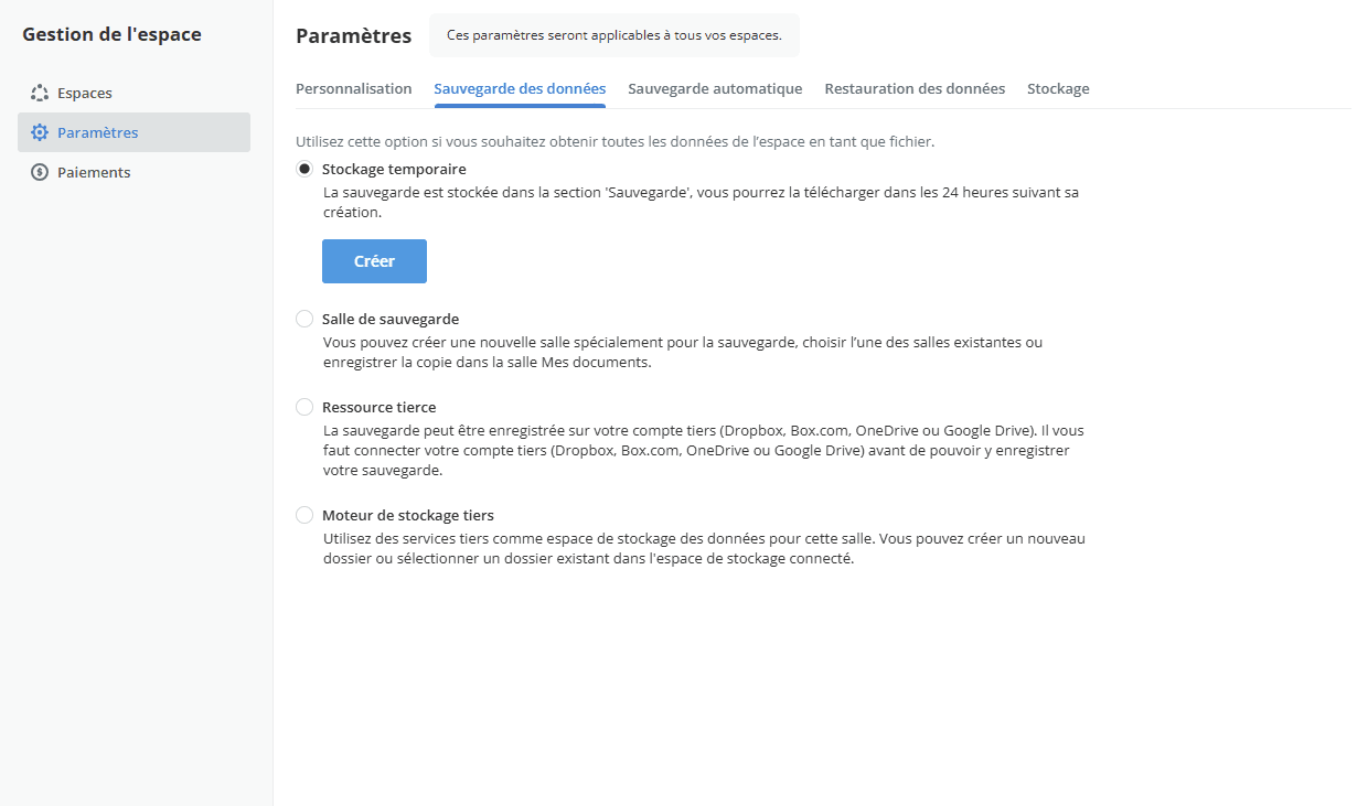 Sauvegarde multi-espace