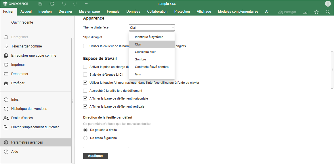 Comment activer le thème d'interface sombre?
