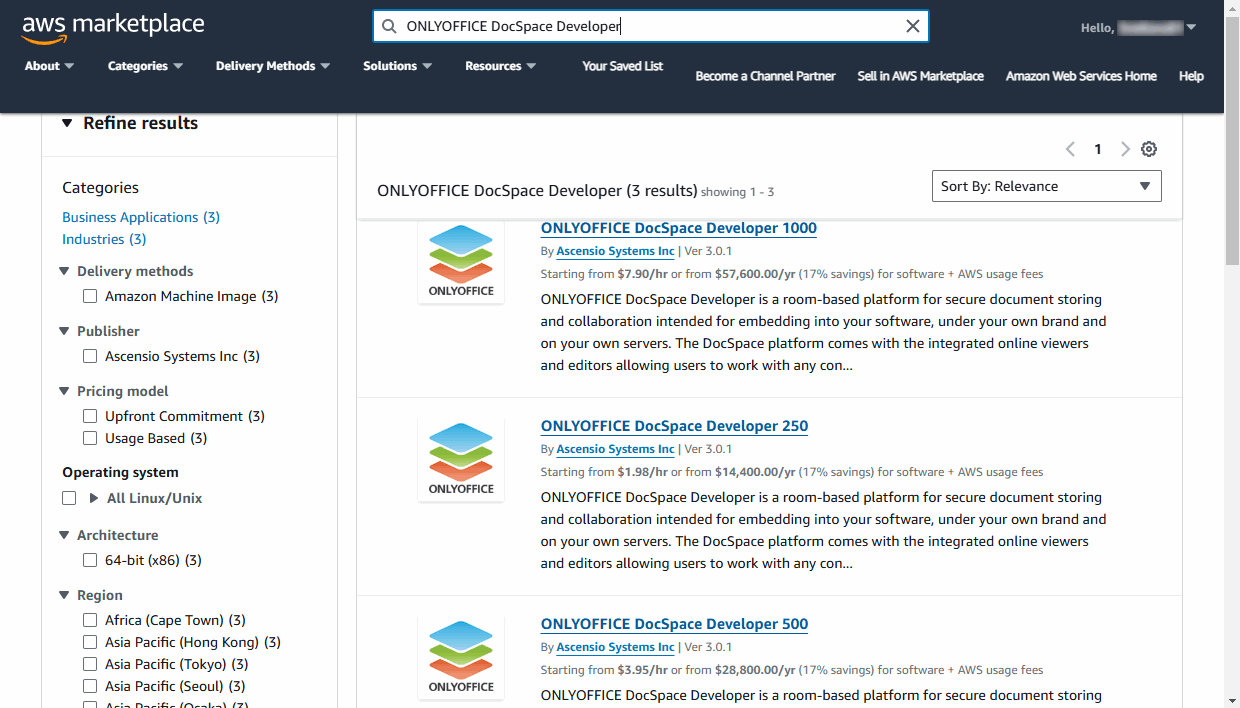 Choose the necessary ONLYOFFICE AMI