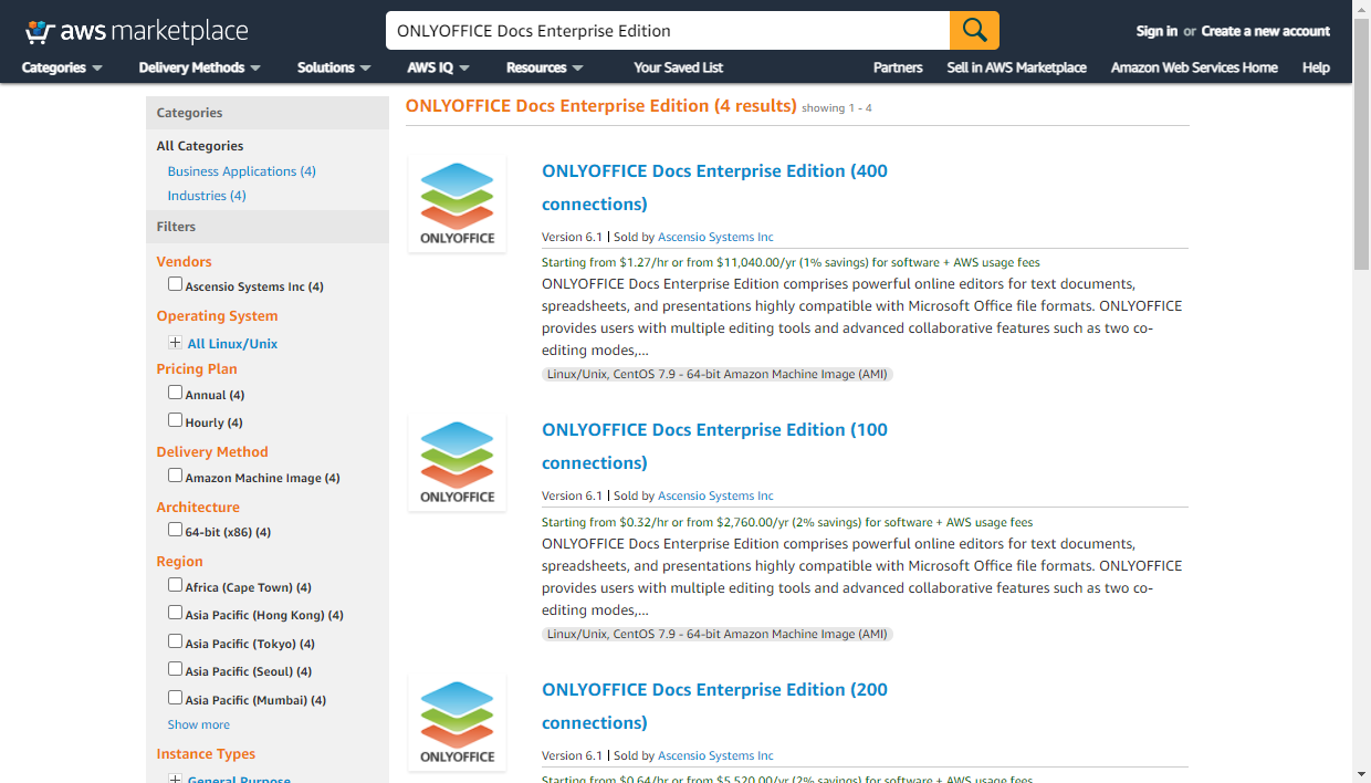 Escolha a AMI ONLYOFFICE necessária no Marketplace da AWS