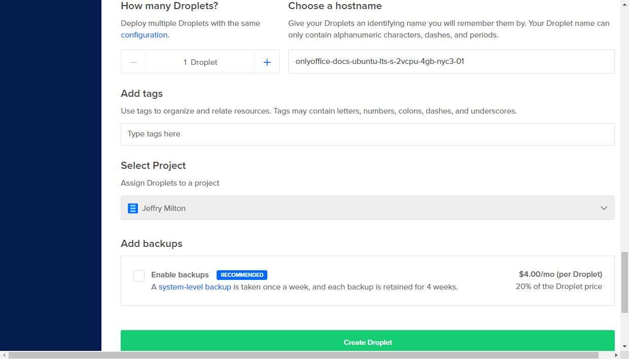 Create your droplet in DigitalOcean