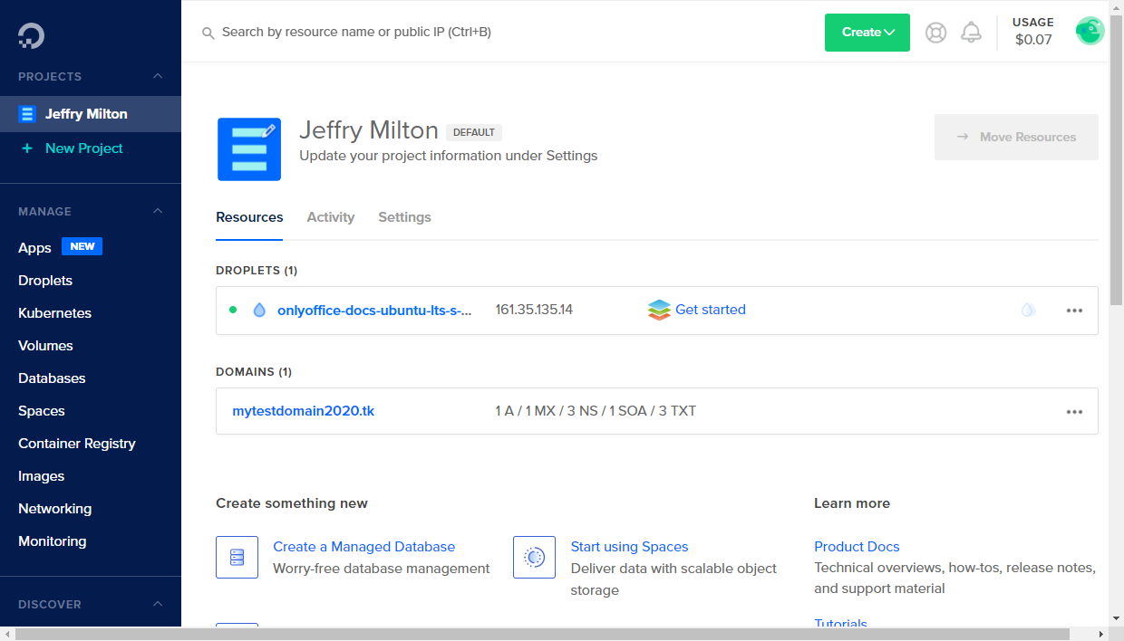 Create your droplet in DigitalOcean