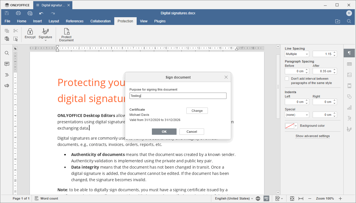 Sign Document window