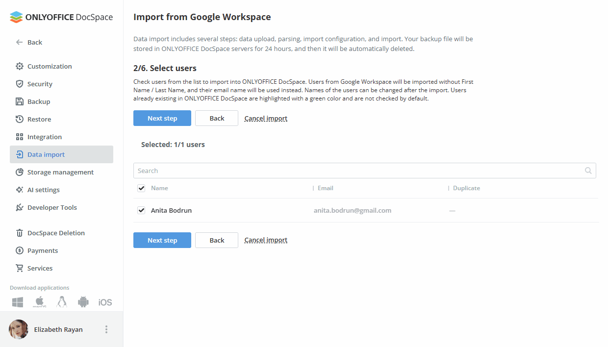 Migrating Google Workspace data to ONLYOFFICE DocSpace