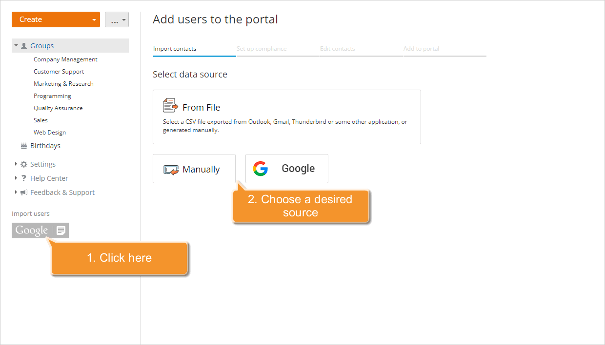 How to add users using the contact information from Google? Step 1