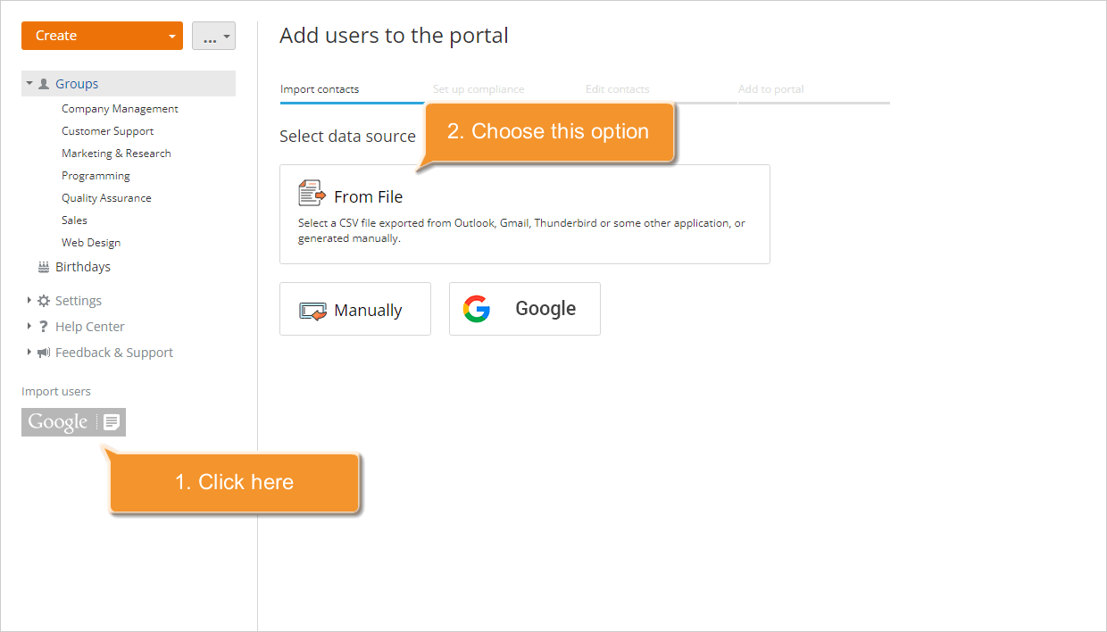 How to add users using the contact information from a mail client address book? Step 3