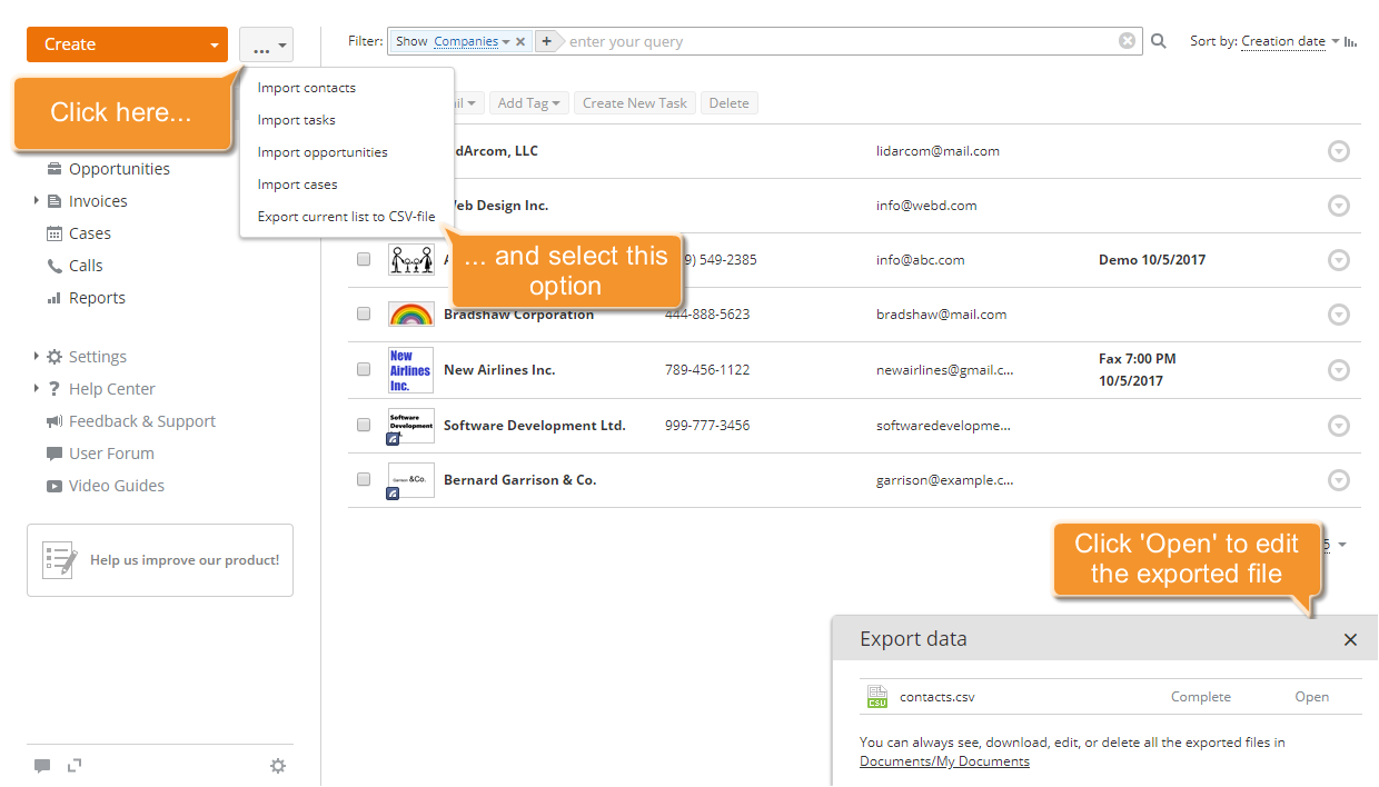 How to export your CRM customer database and edit it using Spreadsheet Editor? Step 3