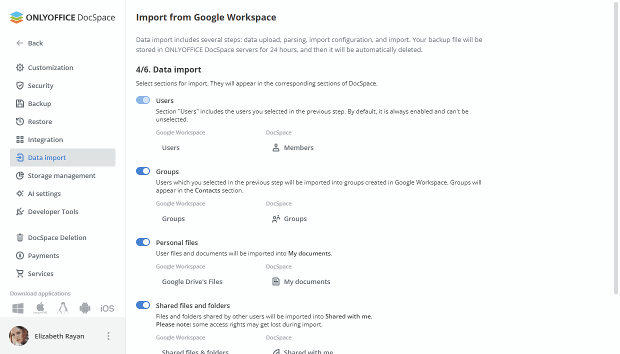 Migrating Google Workspace data to ONLYOFFICE DocSpace