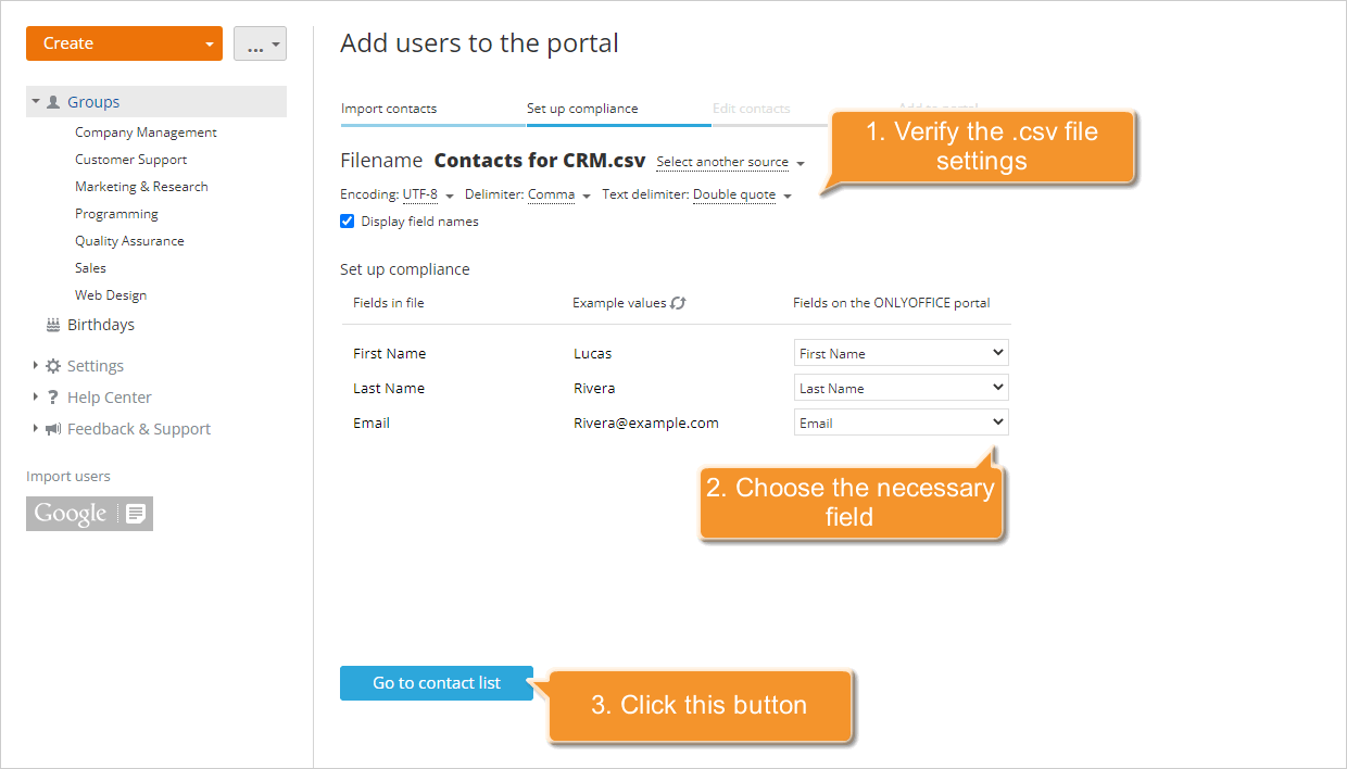 How to add users using the contact information from a CSV file? Step 4