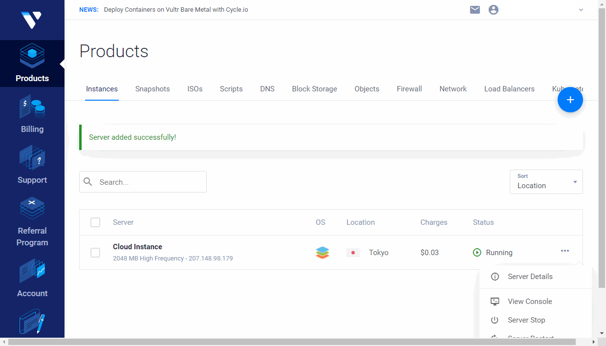 Create your instance in Vultr