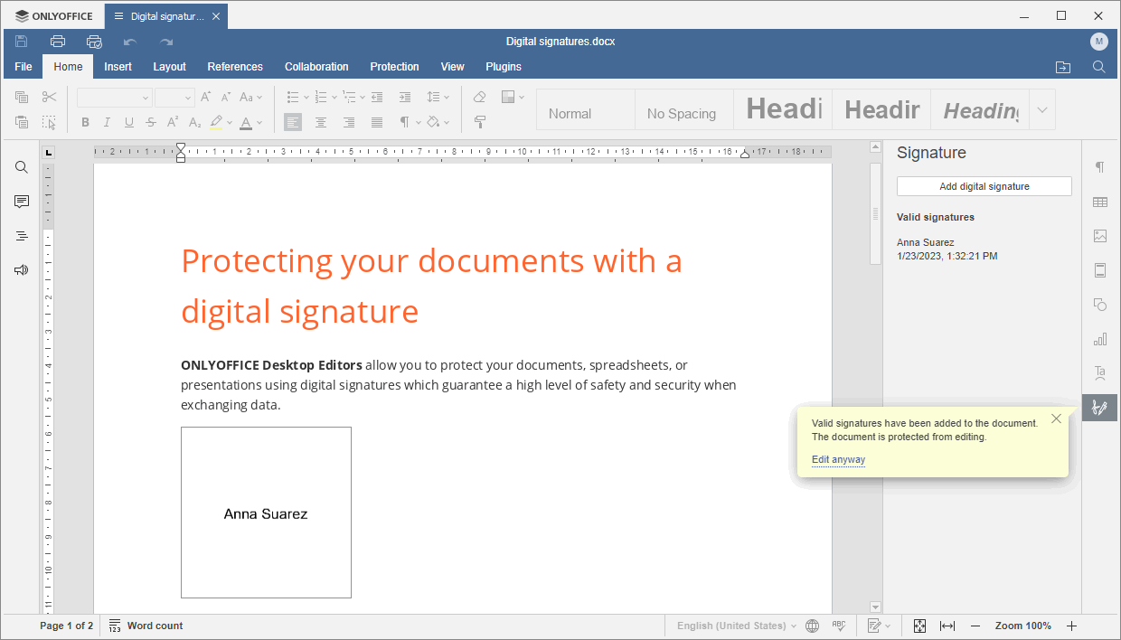 Visual representation of the signature