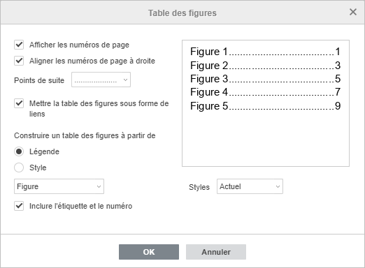 Paramètres de Table des figures
