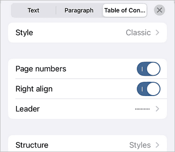 Table of Contents settings