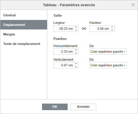 Paramètres du tableau