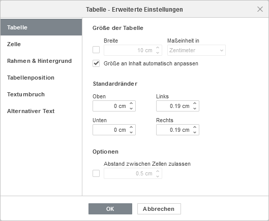 Tabelle - Erweiterte Einstellungen