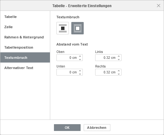 Tabelle - Erweiterte Einstellungen
