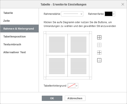 Tabelle - Erweiterte Einstellungen