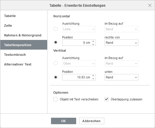 Tabelle - Erweiterte Einstellungen