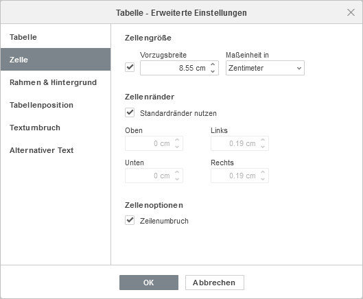 Tabelle - Erweiterte Einstellungen