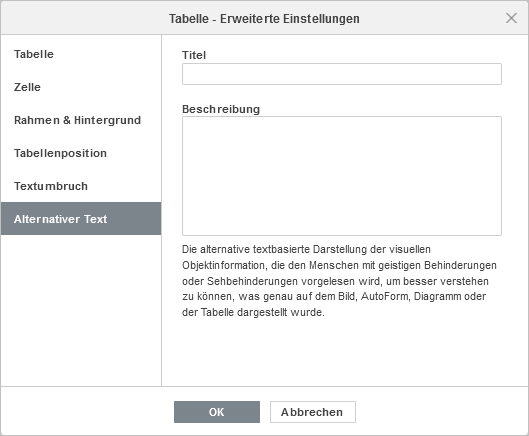 Tabelle - Erweiterte Einstellungen