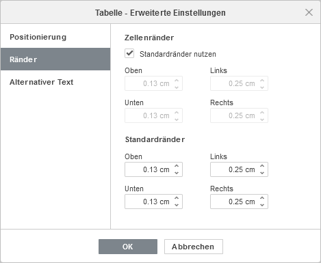 Tabelleneinstellungen