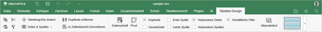 Registerkarte Tabellen-Design