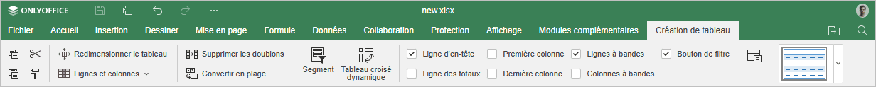 Onglet Création de tableau