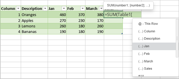 Table formulas