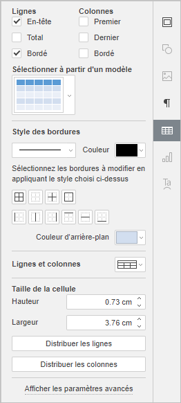 Onglet Paramètres du tableau