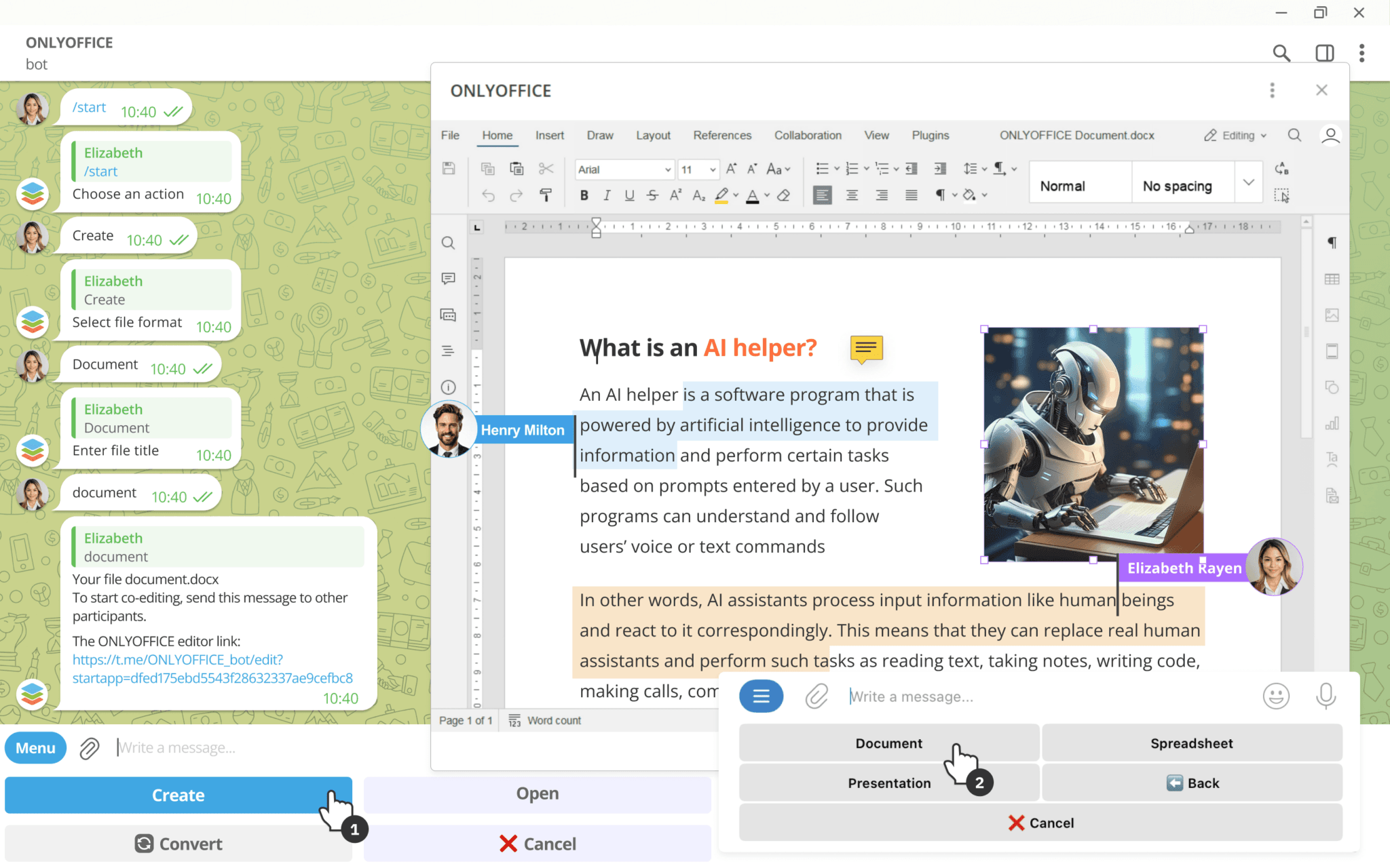 ONLYOFFICE Telegram - Creating and editing files