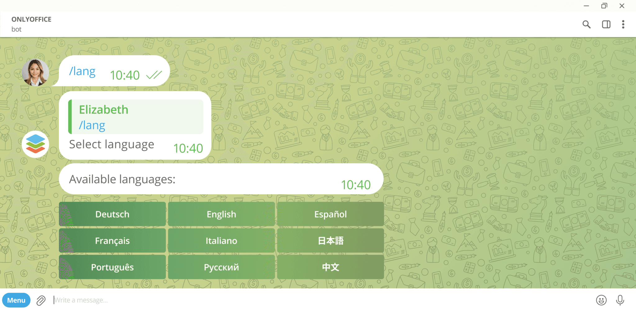 ONLYOFFICE Telegram - Changing languages