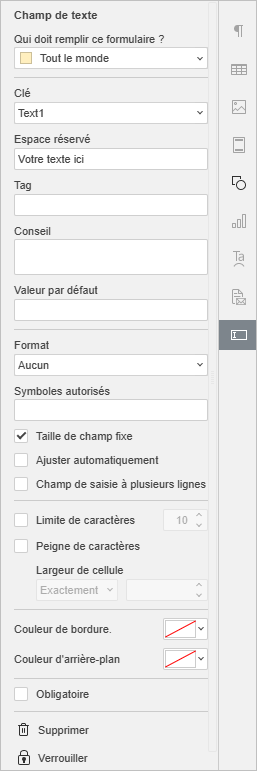 paramètres champ de texte