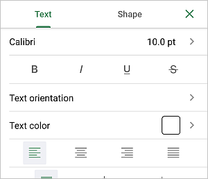 Text settings panel