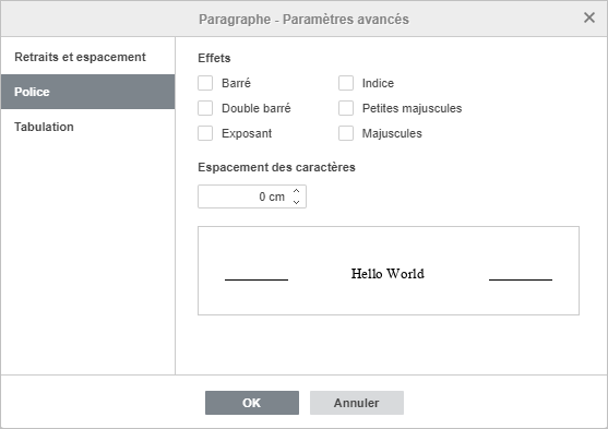 Paramètres du paragraphe - onglet Police