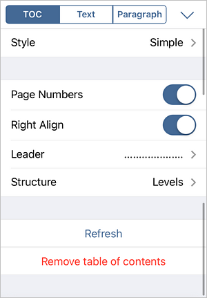 Adjust table of contents
