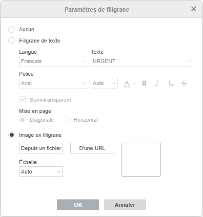 Fenêtre Paramètres du filigrane