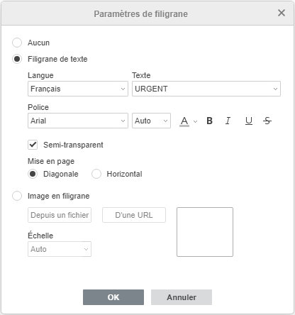 Fenêtre Paramètres du filigrane